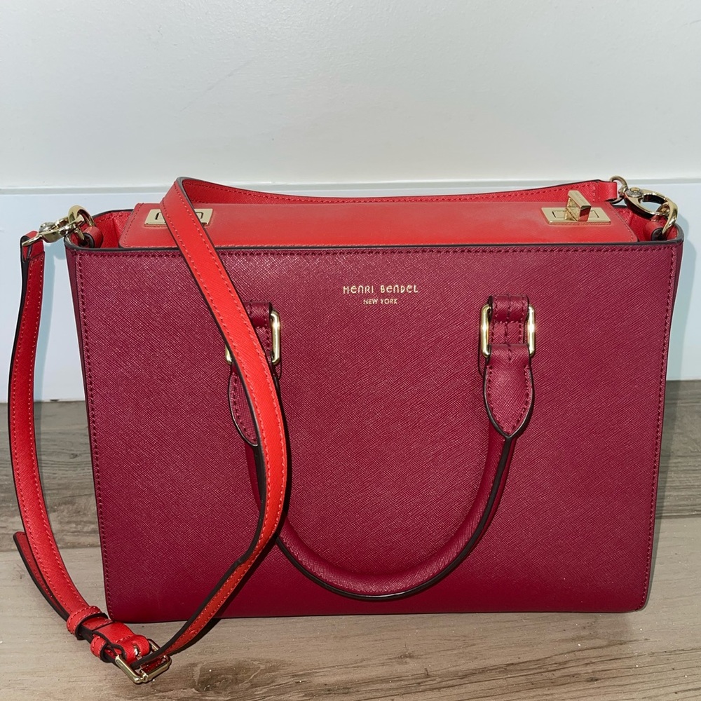 Henri Bendel RED small turn lock satchel with shoulder strap